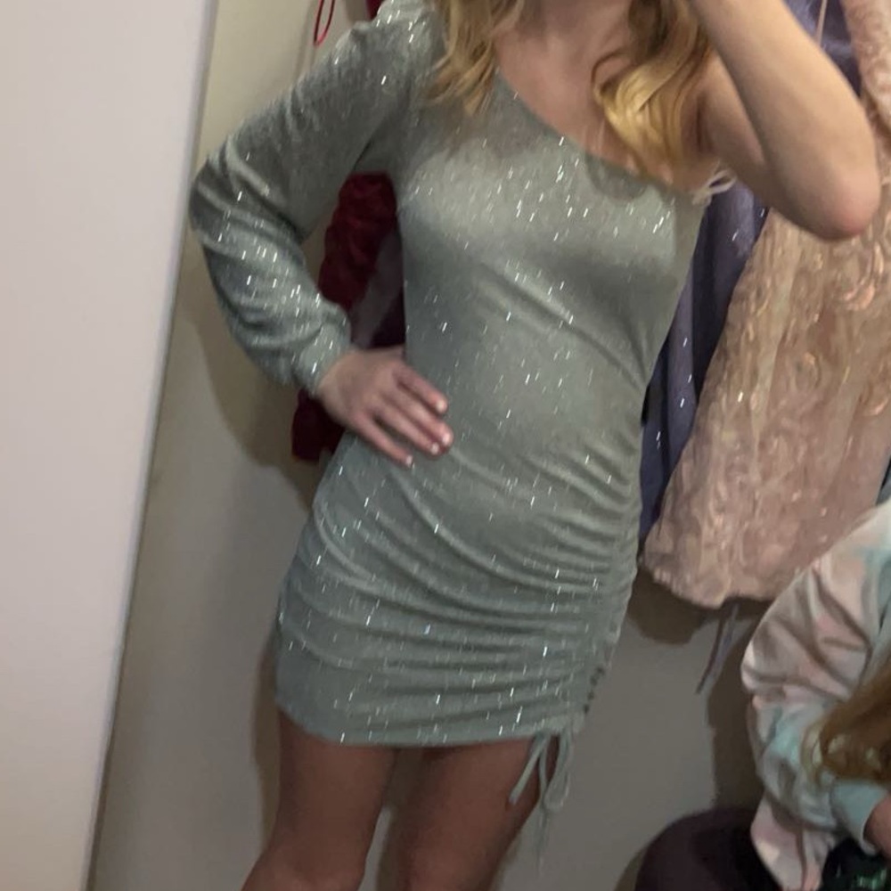 one sleeve sage green homecoming dress